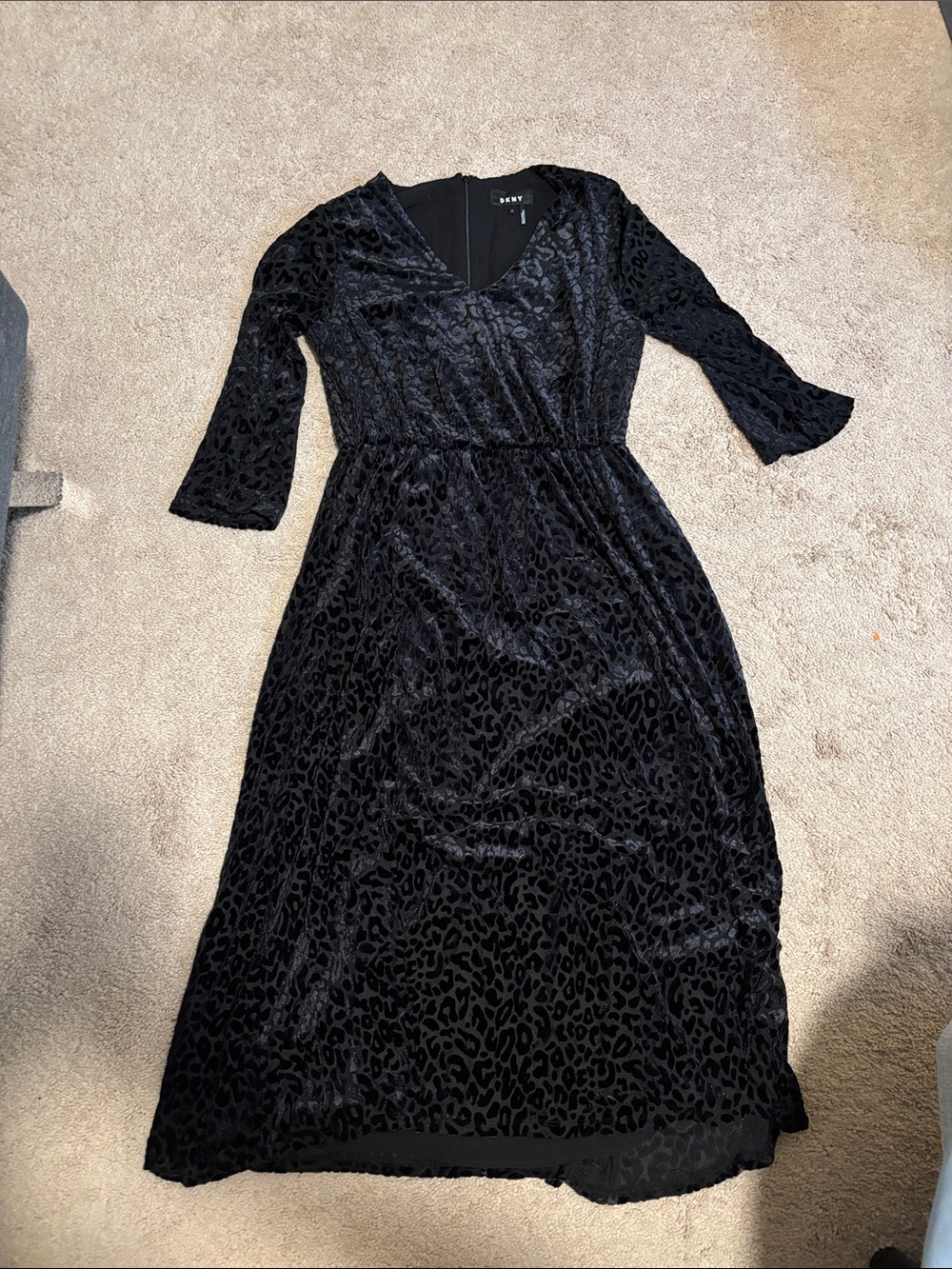 DKNY Black Velvet Burnout V-Neck Midi Dress
